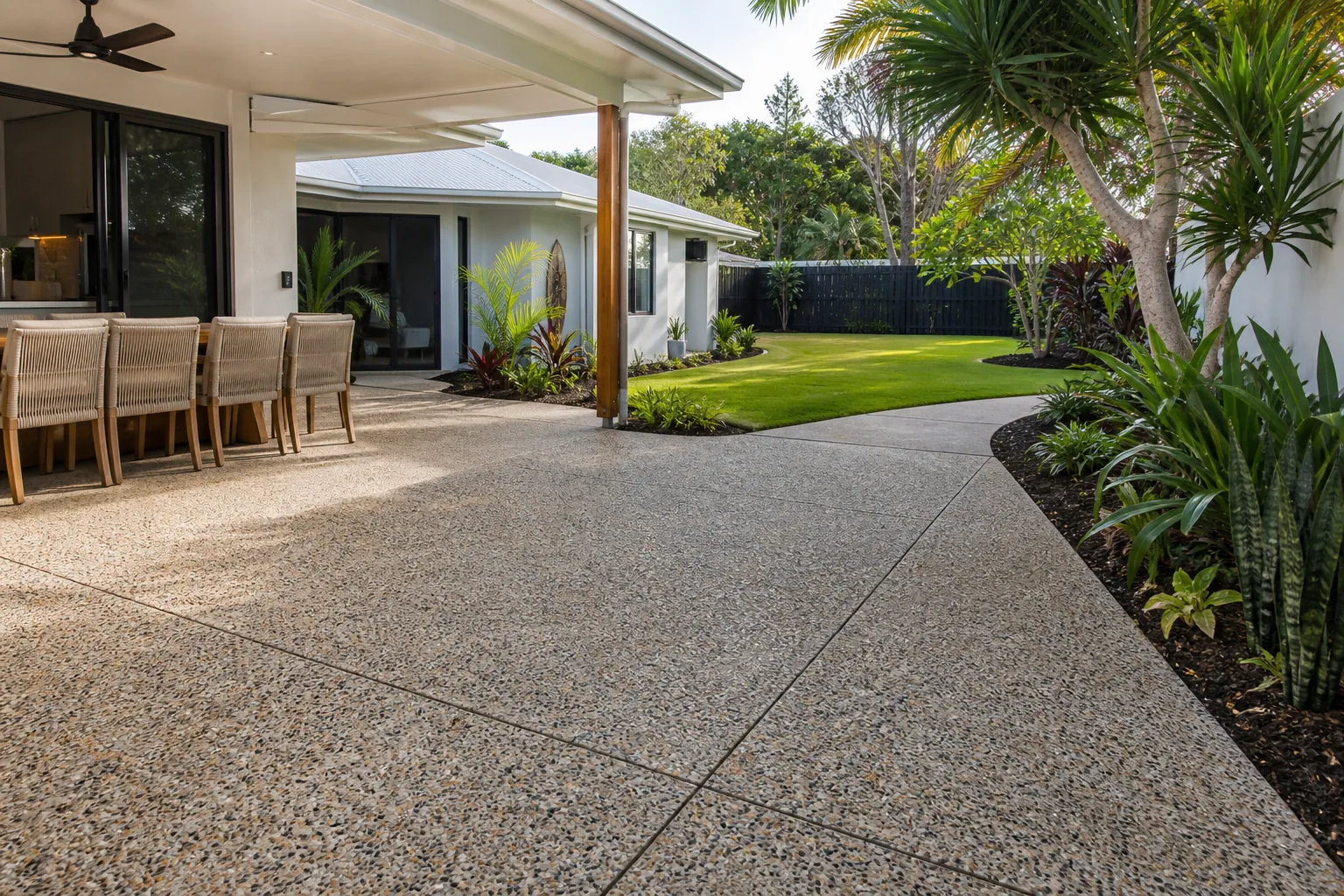 Exposed aggregate patio and pathway at a Sunshine Coast home