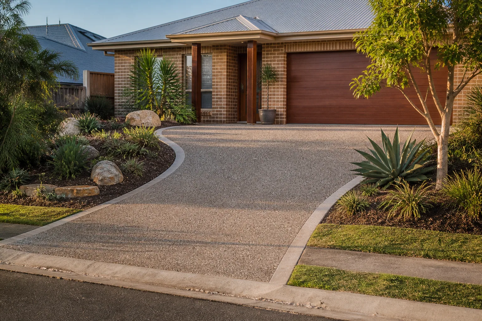Project inspiration showing a curved exposed aggregate driveway at a Queensland home