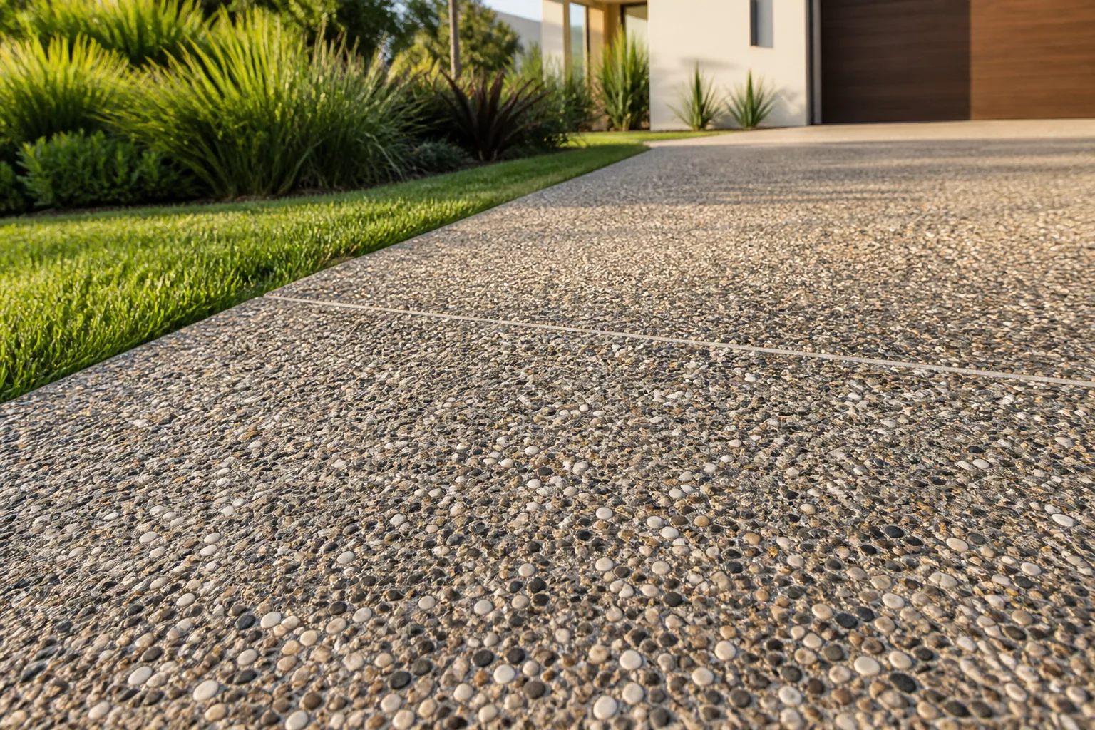Project inspiration showing exposed aggregate texture and a control joint