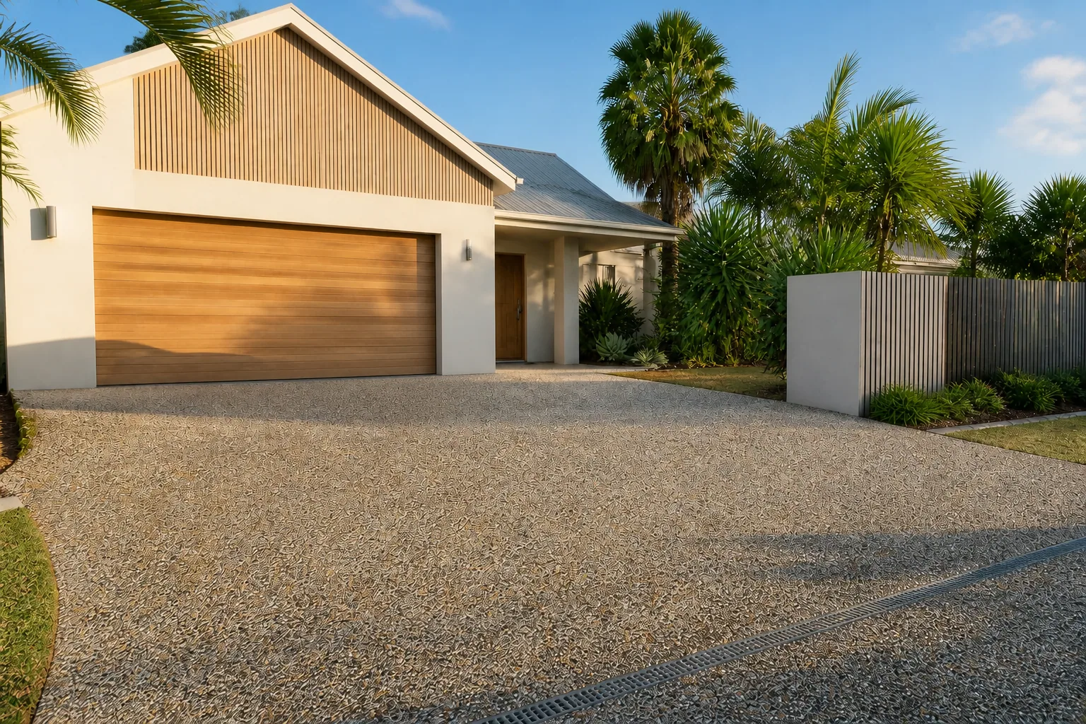 Project inspiration showing a wide two-car exposed aggregate driveway