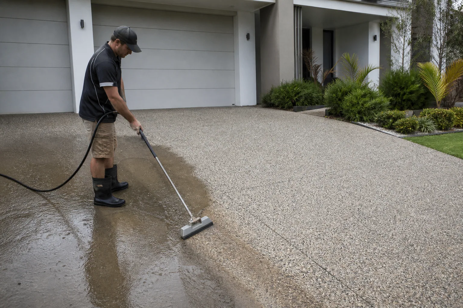 Project inspiration showing an exposed aggregate driveway being washed