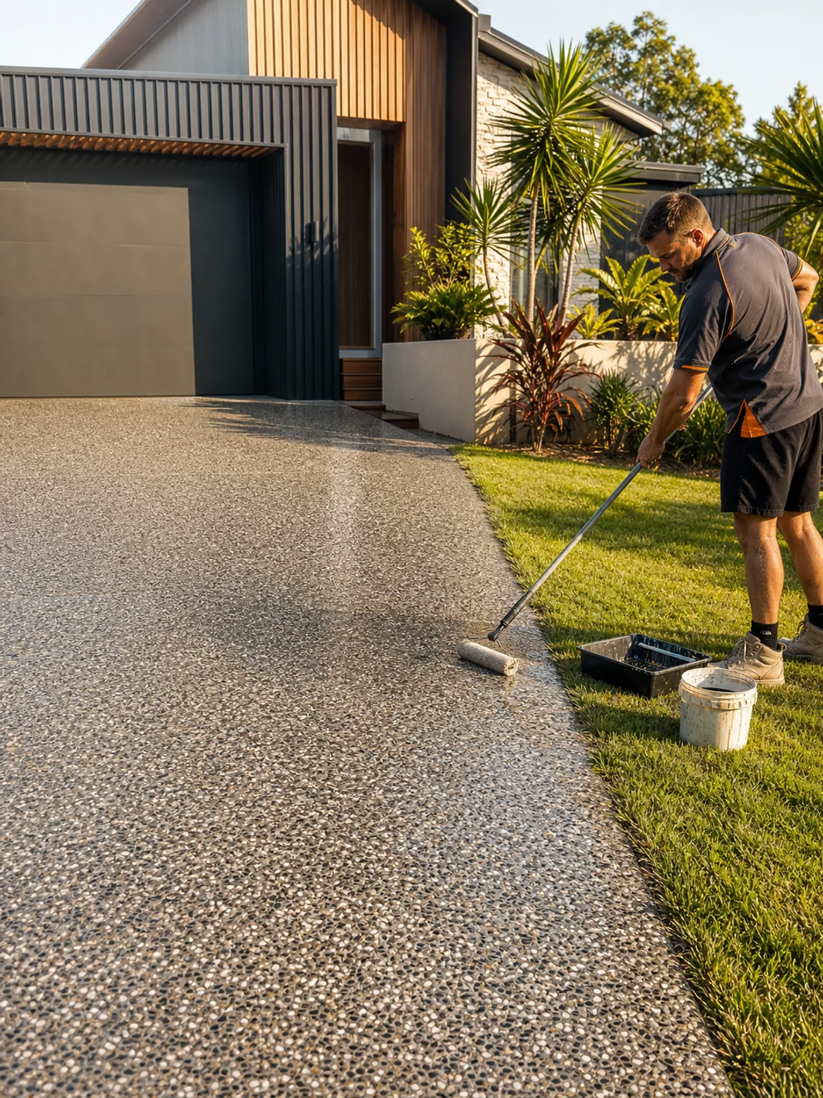 JRM Concreting contractor sealing a new exposed aggregate driveway at a Sunshine Coast home